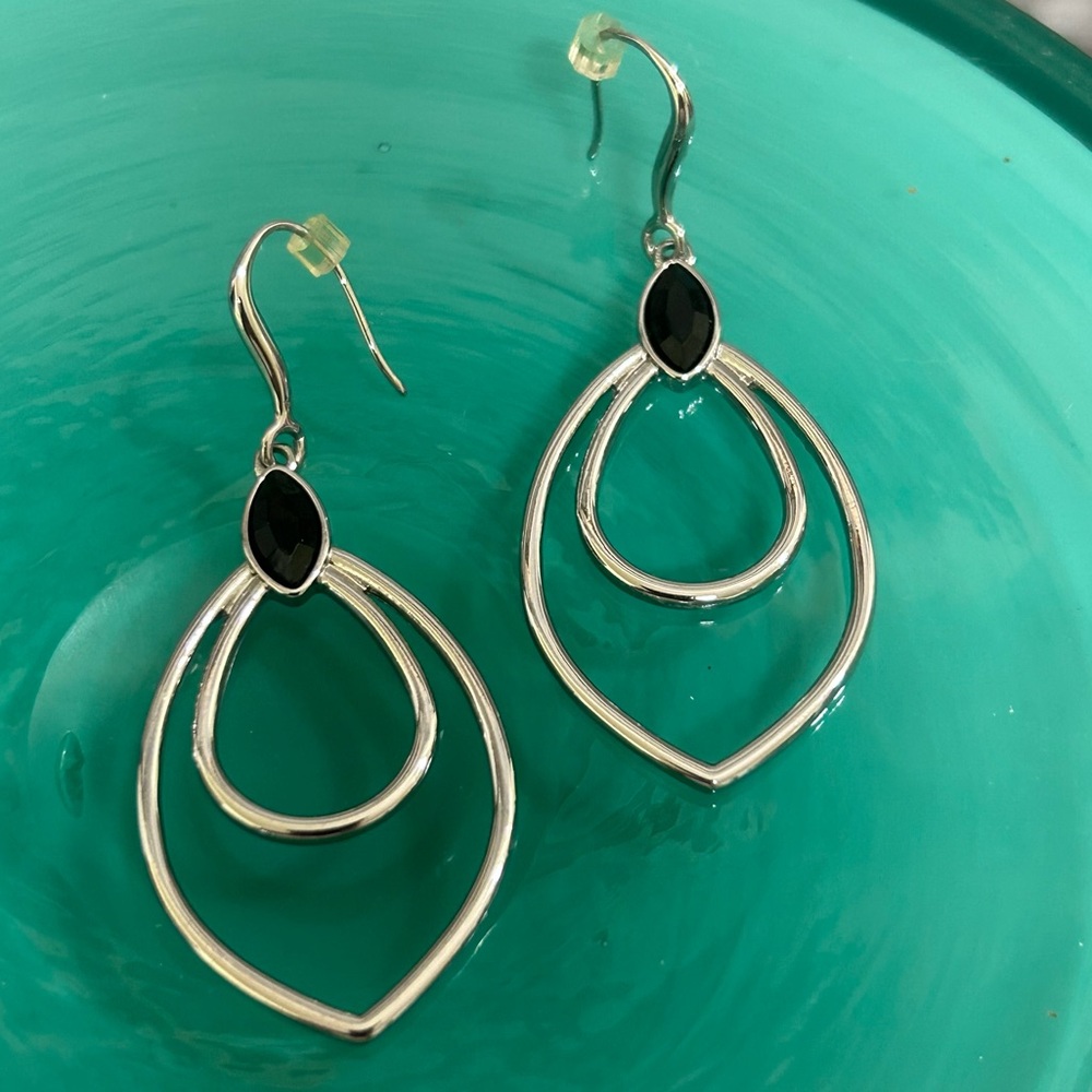 Silver Tone Double Oval Black Inset Drop French Hook Earrings